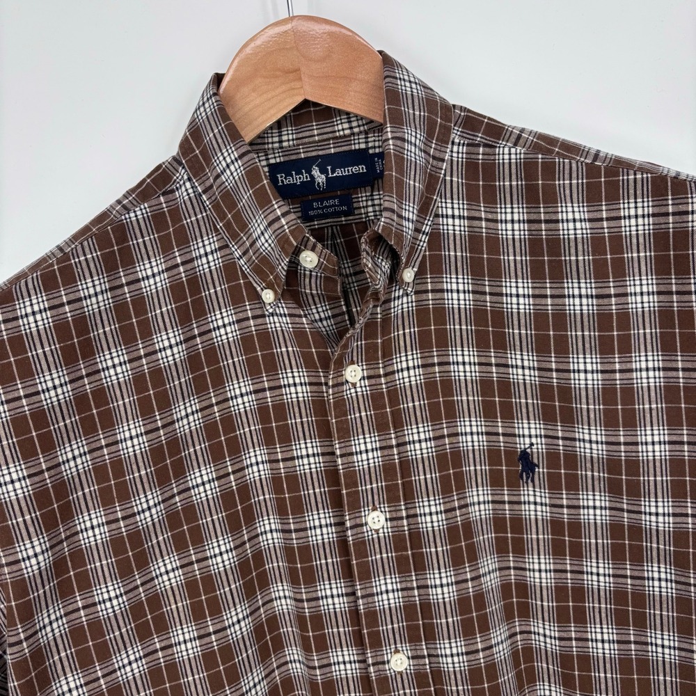 Polo Ralph Lauren Short Sleeve Oxford Shirt Mens S Brown Plaid Blaire Preppy